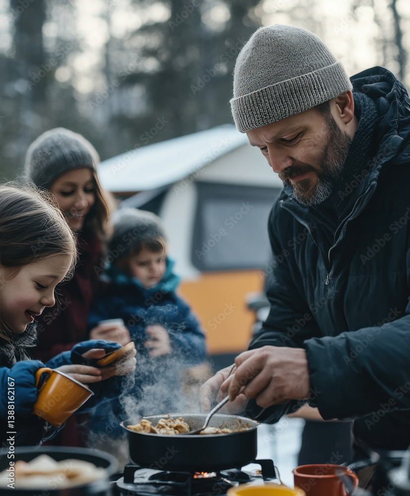 Nomadic family enjoys a warm winter meal beside their camper van, embracing the freedom of vanlife, sharing moments and meals in nature despite the cold weather.