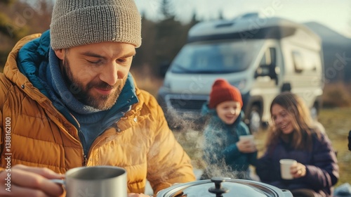 Obraz na płótnie Nomadic family enjoys a warm winter meal beside their camper van, embracing the freedom of vanlife, sharing moments and meals in nature despite the cold weather. w salonie