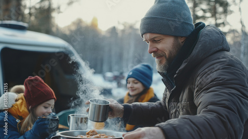 Obraz na płótnie Nomadic family enjoys a warm winter meal beside their camper van, embracing the freedom of vanlife, sharing moments and meals in nature despite the cold weather. w salonie