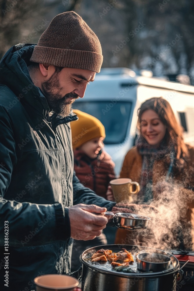Nomadic family enjoys a warm winter meal beside their camper van, embracing the freedom of vanlife, sharing moments and meals in nature despite the cold weather.