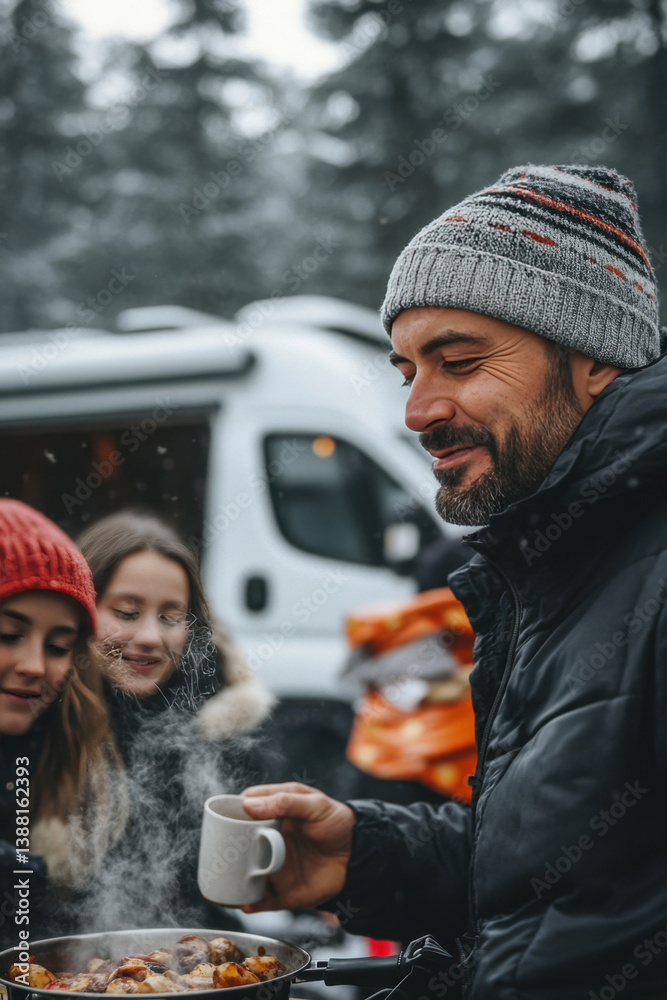 Nomadic family enjoys a warm winter meal beside their camper van, embracing the freedom of vanlife, sharing moments and meals in nature despite the cold weather.