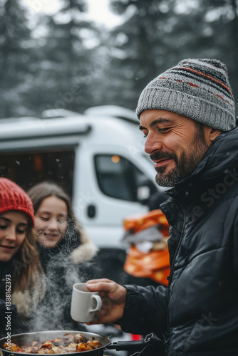 Obraz na płótnie Nomadic family enjoys a warm winter meal beside their camper van, embracing the freedom of vanlife, sharing moments and meals in nature despite the cold weather. w salonie