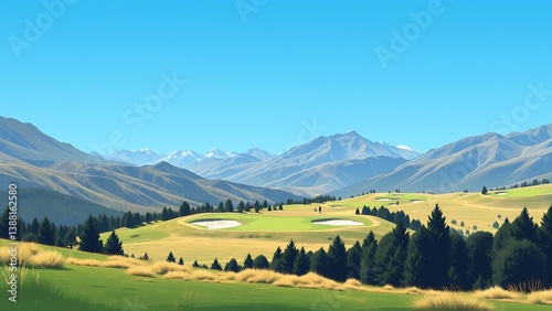 Obraz na płótnie Golf Course with Mountains and Blue Sky Backdrop w salonie