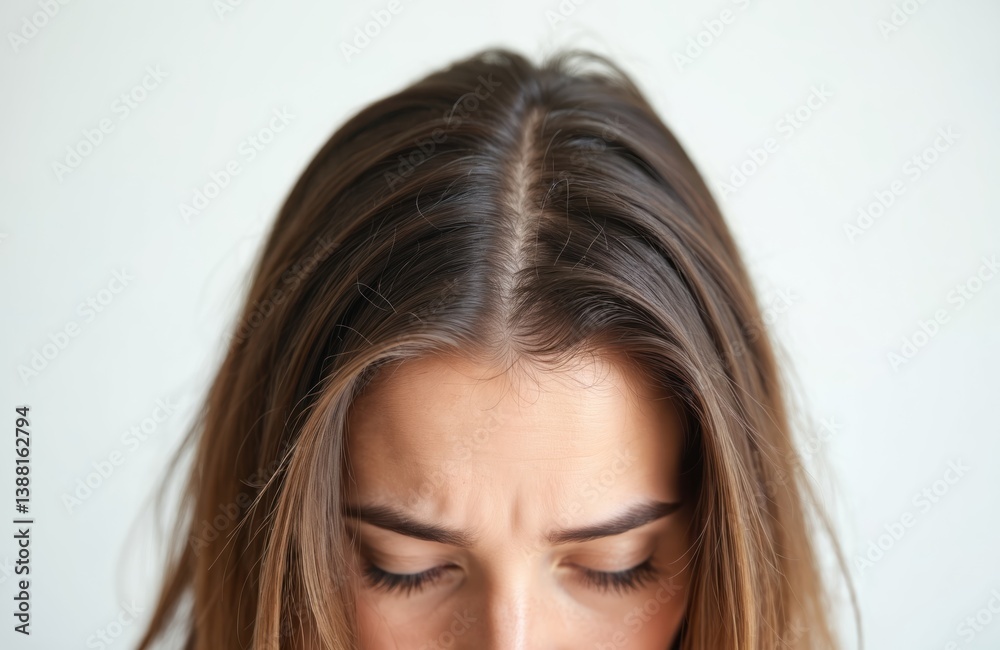 Close-up view of woman head shows hair thinning, hair loss concept. Female with fine hair, scalp visibility. Problematic hair roots, hair health. Woman with closed eyes shows stress, frustration. Close-up view of woman head shows hair thinning, hair loss concept. Female with fine hair, scalp visibility. Problematic hair roots, hair health. Woman with closed eyes shows stress, frustration.
