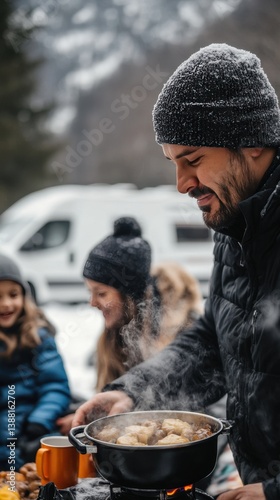 Nomadic family enjoys a warm winter meal beside their camper van, embracing the freedom of vanlife, sharing moments and meals in nature despite the cold weather.