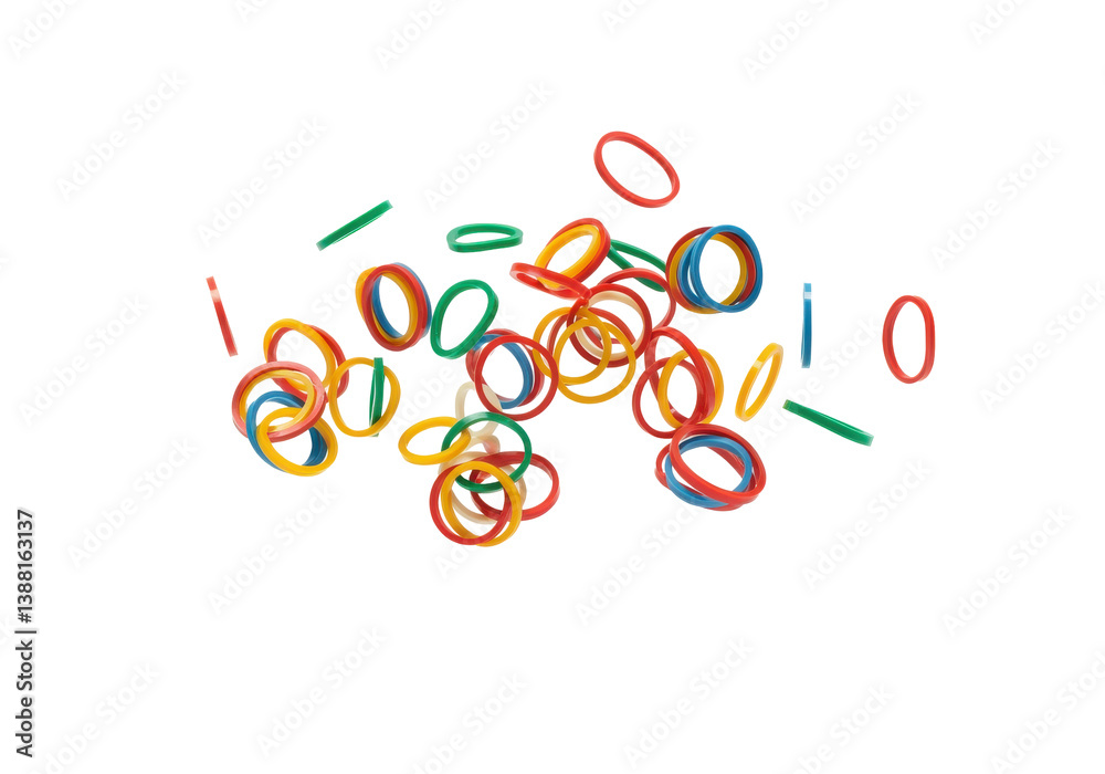 A floating assortment of vibrant rubber bands scattered intricately against a solid white background A floating assortment of vibrant rubber bands scattered intricately against a solid white background