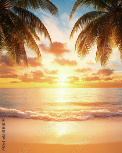 Fototapeta Naklejka Na Ścianę i Meble -  Tropical beach at sunset with golden sunlight reflecting on waves, framed by palm trees and a calm ocean horizon, evoking warmth, peace and vacation vibes.