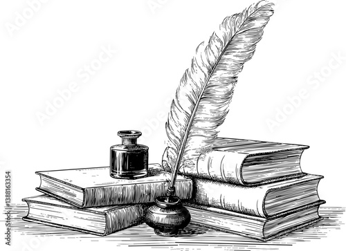Vintage quill pen, inkwell, and books on the table vector illustration, sketch isolated on a beige background.