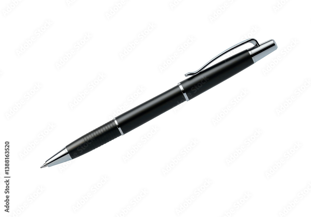 A floating black ballpoint pen with a sleek metallic clip, perfectly horizontal, on a solid white background A floating black ballpoint pen with a sleek metallic clip, perfectly horizontal, on a solid white background