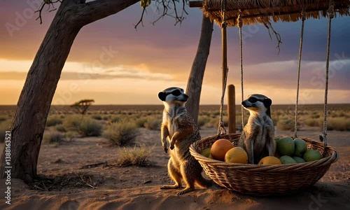 Two meerkats beside a basket of fruits at sunset in a desert landscape.