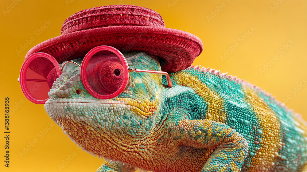 Obraz premium Close-up of colorful chameleon wearing red hat and sunglasses against yellow background, showcasing unique texture and playful style, ideal for summer or fashion concepts