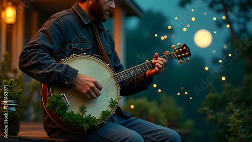 Leaf head banjo with bud resonator on moonlit porch with musical fireflies.