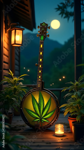 Leaf head banjo with bud resonator on moonlit porch with musical fireflies.