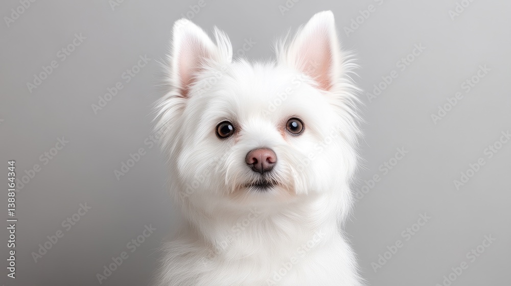 A fluffy white West Highland White Terrier stares directly at the camera. The dog is centered against a plain gray background. The image is high-quality, well-lit, and features a shallow depth of fie A fluffy white West Highland White Terrier stares directly at the camera. The dog is centered against a plain gray background. The image is high-quality, well-lit, and features a shallow depth of fie