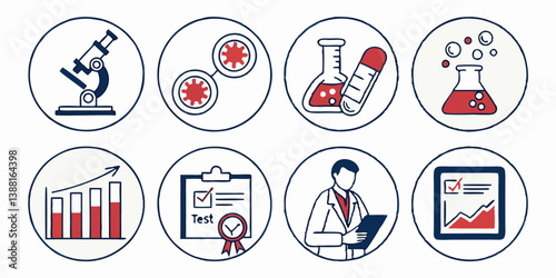 Science Research Laboratory Icons Vector Set - Microscope Cells Test Tubes Beakers Bubbles Graph Clipboard Scientist Laptop Chart - Flat Red and Blue Vector Icon Style