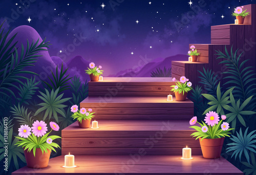 Enchanting flowerpots on wooden steps under starry night, magical serenity