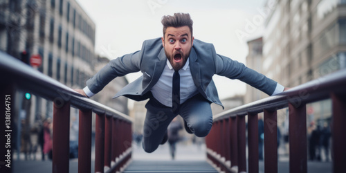 Businessman jumps over the barrier. Overcoming problems. Generative AI.