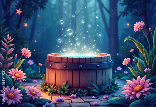 Enchanted rainwater barrel glowing with magic, whimsical nature