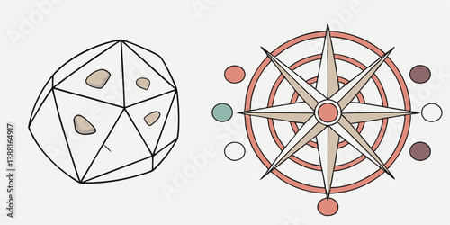 Geometric Polyhedron Rock and Compass Rose Illustration Design