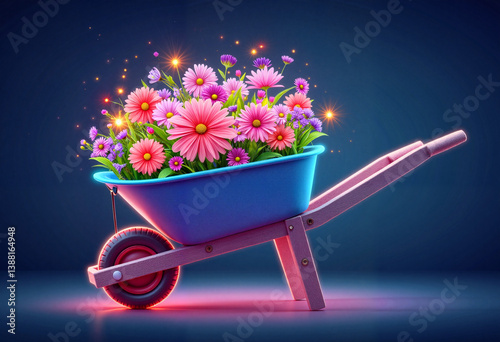 Enchanted garden wheelbarrow overflowing with vibrant flowers, magic