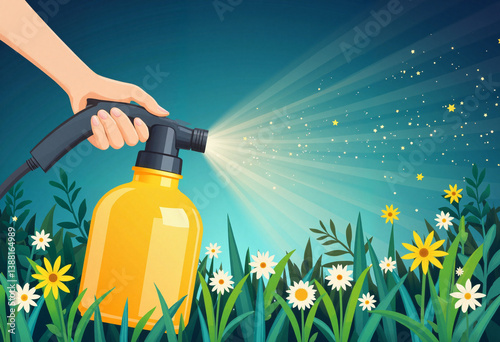 Glowing garden sprayer enhancing enchanted floral blooms, magical gardening