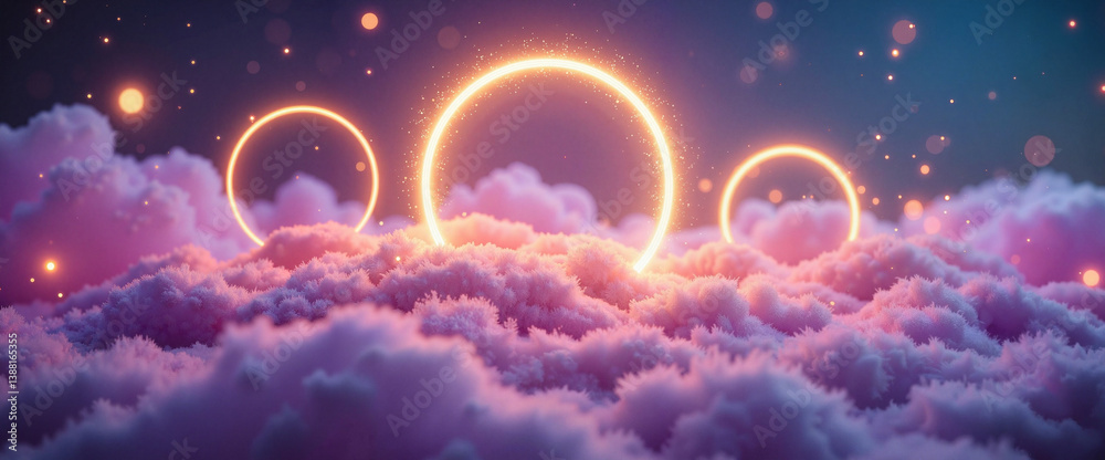 Obraz premium Mystical plasma rings floating above enchanted clouds, ethereal realm