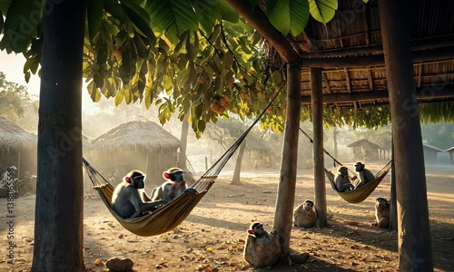 Monkeys relaxing in hammocks under trees near rustic huts in a serene setting.