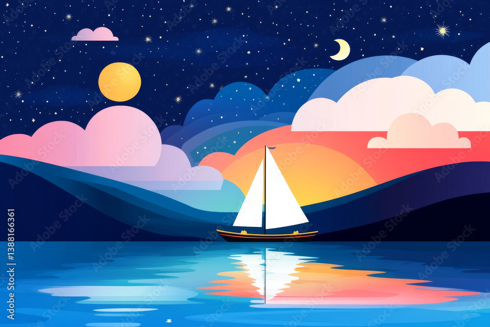 Naklejka premium serene sailboat on calm lake under vibrant sunset and starry sky, evoking tranquility