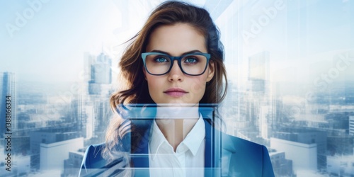 Double exposure of businesswoman silhouette and modern city. Generative AI.