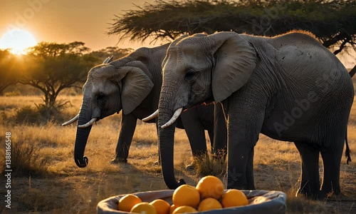 Two elephants in a sunset landscape near a basket of oranges.