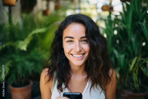 Young beautiful smiling happy girl taking selfie. Generative AI.