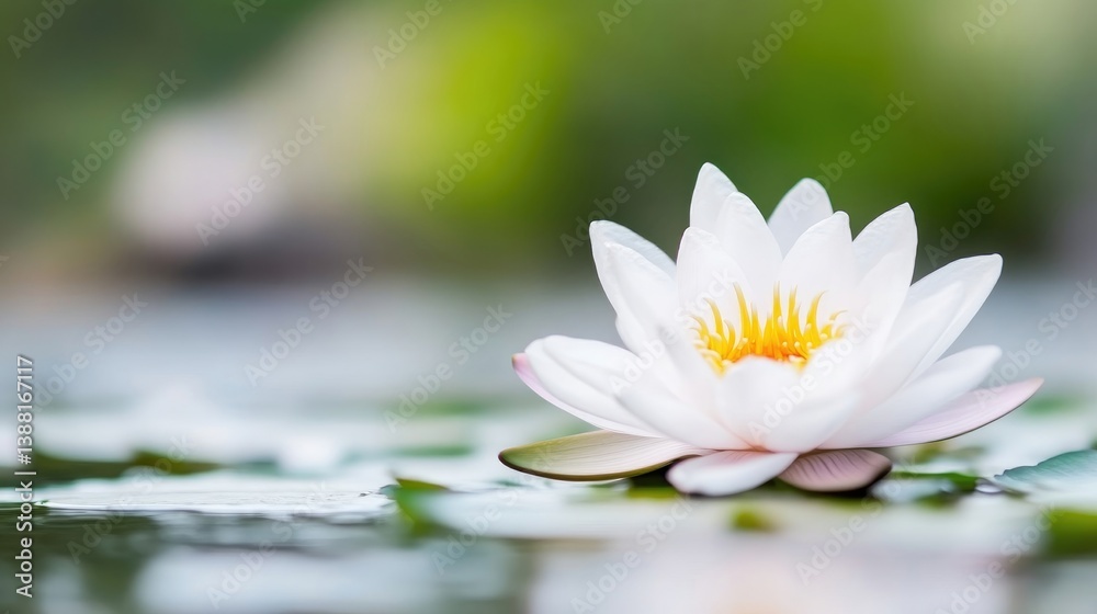 Delicate white water lily on tranquil pond Delicate white water lily on tranquil pond