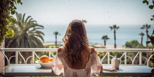 Young woman sitting at a table in a hotel restaurant back view, summer vacation in a luxury room by the sea. Generative AI.