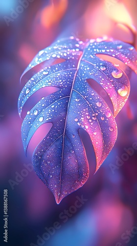 Closeup water droplets on colorful leaf