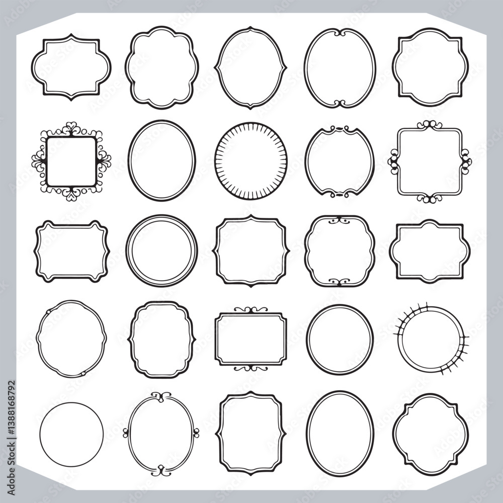 Calligraphic Frames with Vintage Labels and Ornamental Silhouettes for Design Projects