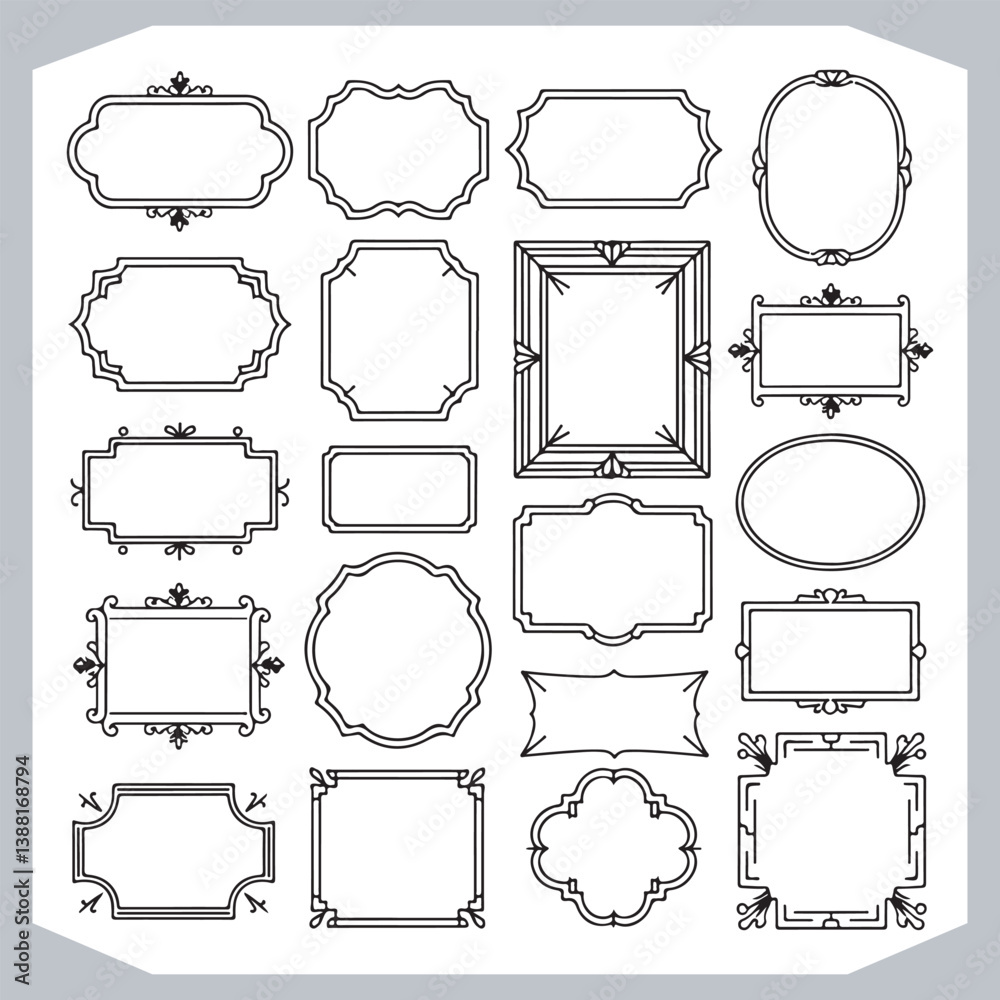 Calligraphic Frames with Vintage Labels and Ornamental Silhouettes for Design Projects