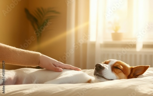 A gentle hand rests on a peacefully sleeping dog, bathed in warm sunlight, a scene of pure tranquility and affection. photo