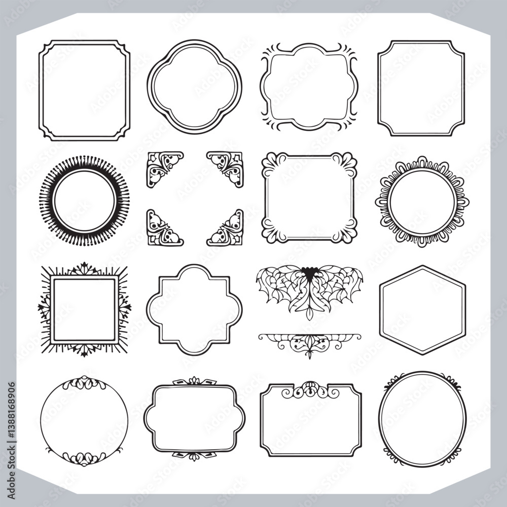 Vintage Labels and Calligraphic Decorative Frames with Ornamental Design Corners