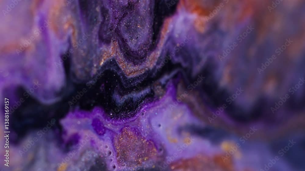 Blur splash. Paint swirl. Defocused multicolor purple shimmering sparkling flow marble texture bright particles moving on abstract bokeh light art background.