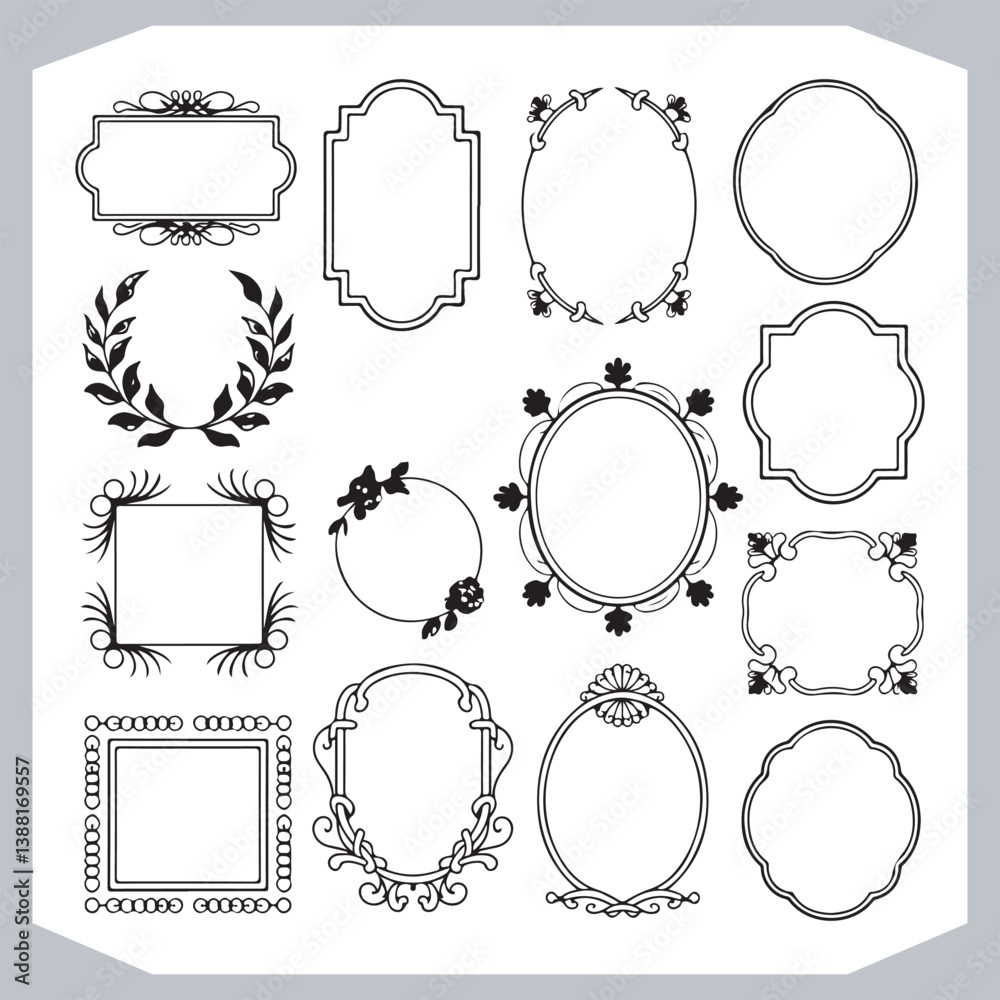 Vintage Labels and Calligraphic Decorative Frames with Ornamental Design Corners