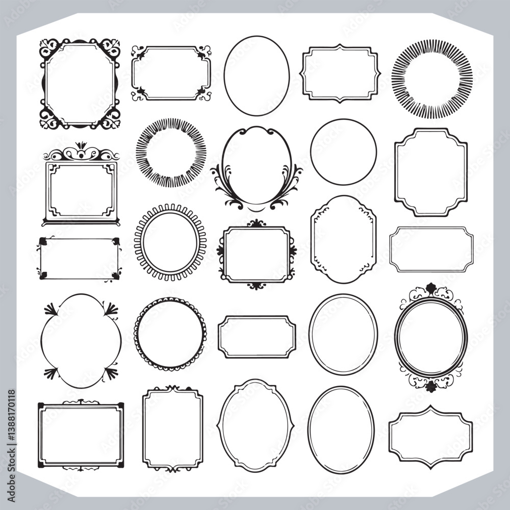 Calligraphic Frames with Vintage Labels and Ornamental Silhouettes for Design Projects