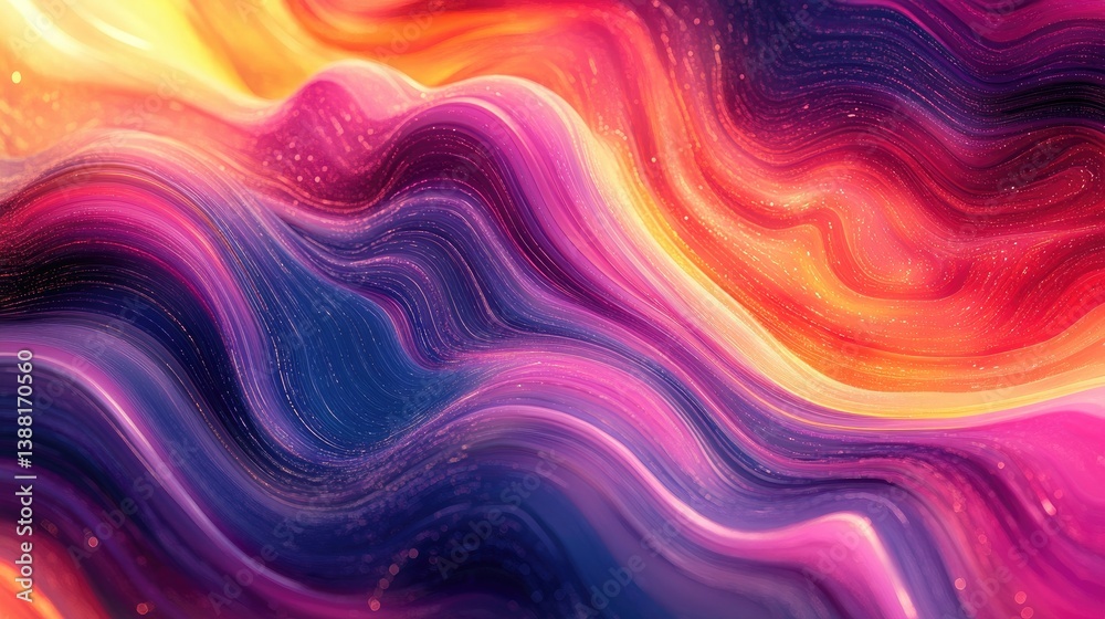 Obraz premium Harmonious swirls of vivid colors blend seamlessly in a captivating abstract landscape, expressing movement and emotion in dynamic waves of orange, pink, and purple