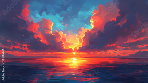 Dramatic sunset painted with phantom blue in a vibrant sky above the calm ocean. Phantom Horizon. Illustration