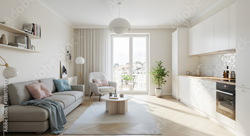 Bright Scandinavian Studio Apartment Interior with Light Wood and Pastel Accents