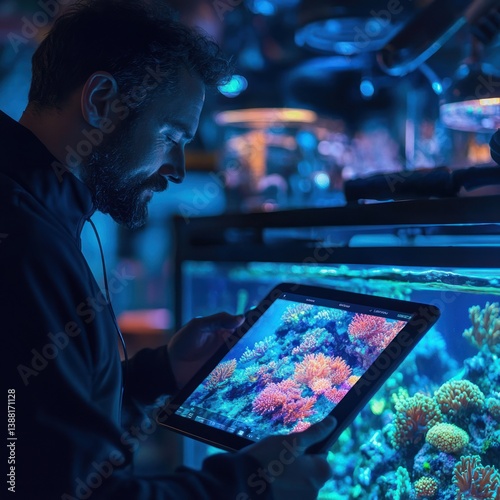 Man Using Tablet Viewing Coral Reef Aquarium in Blue Lighting