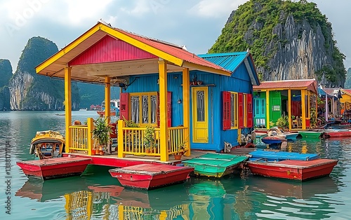 Colorful floating houses calm water reflection