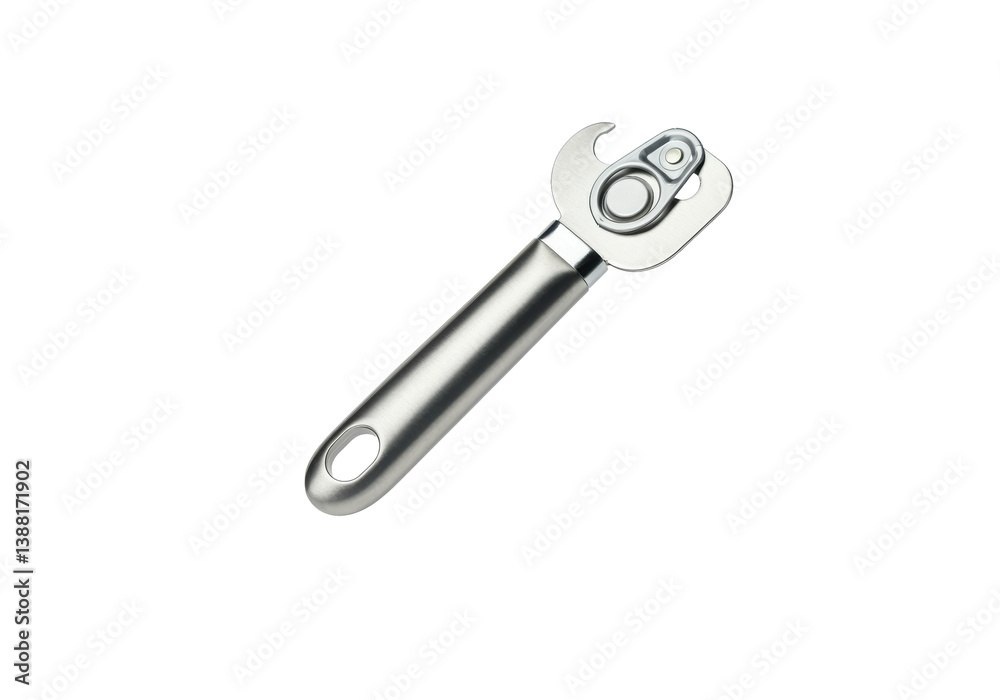 A floating stainless steel can opener, perfectly horizontal, on a solid white background A floating stainless steel can opener, perfectly horizontal, on a solid white background