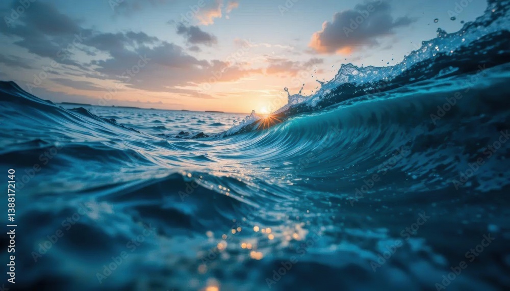 Fototapeta premium Ocean Wave Cresting at Sunset, Golden Light Through Spray