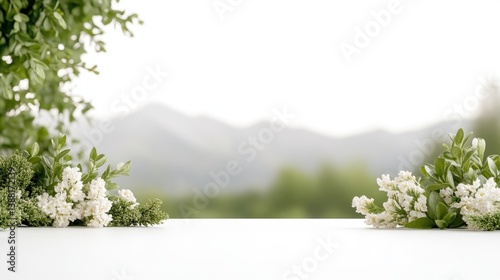Fresh, springy scene with greenery and flowers, a peaceful mountain view