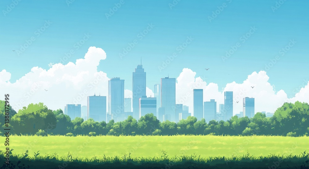 Fototapeta premium An illustration of a city skyline with a green grassy foreground